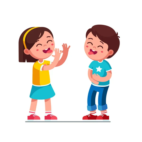 Laughing boy and girl kids showing tongues joking — Stock Vector