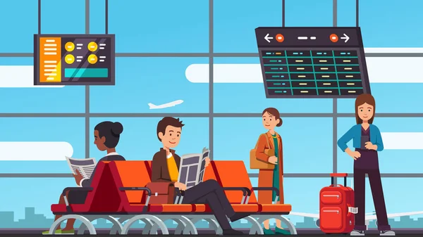 Люди сидять в залі очікування прибуття в аеропорт — стоковий вектор