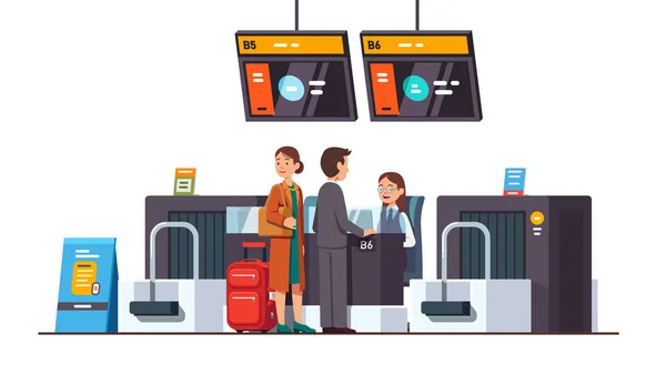 Passageiros no aeroporto internacional check-in mesa —  Vetores de Stock