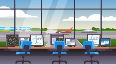 Airfield with plane, airliner and jet on runway clipart
