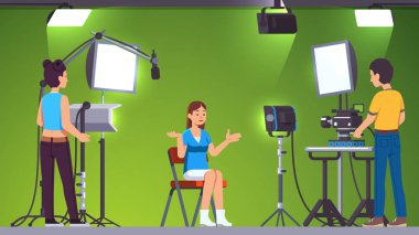 Tv presenter, cameraman, assistant in green studio clipart