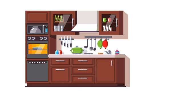 Интерьер и мебель для кухни с посудой — стоковый вектор