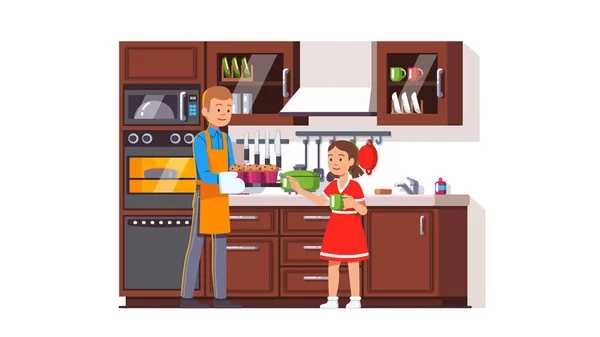 Familienvater und Tochter kochen in der heimischen Küche — Stockvektor