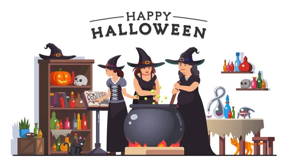 Witches stirring poison brew potion in cauldron — Stock Vector