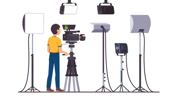 Cameraman shooting with video camera on stand — Stock Vector