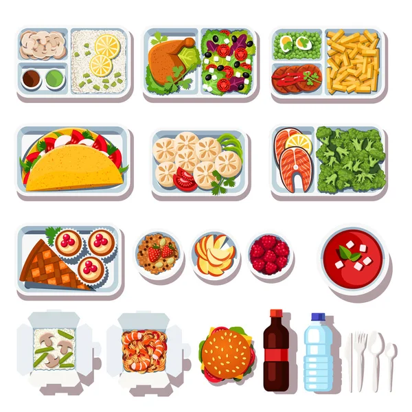 Restaurant ready takeout food on disposable plates — Stock Vector