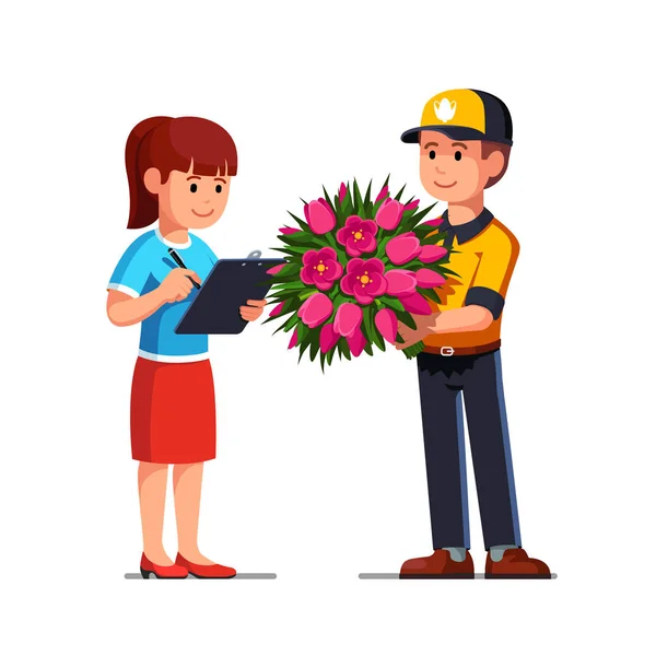 Courier man overhandigen boeket van bloemen aan vrouw — Stockvector
