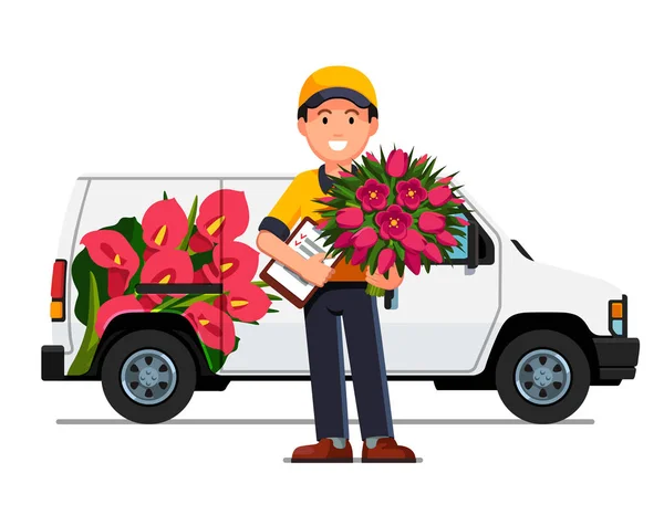 Courier menino com buquê de flores, caminhão de entrega — Vetor de Stock