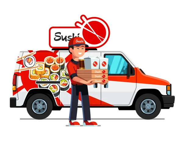 Asian courier man delivering sushi and food — Stock Vector