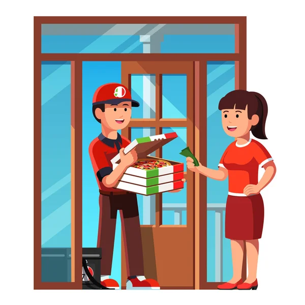 Mensajero chico repartiendo pizza para llevar en caja en casa — Vector de stock