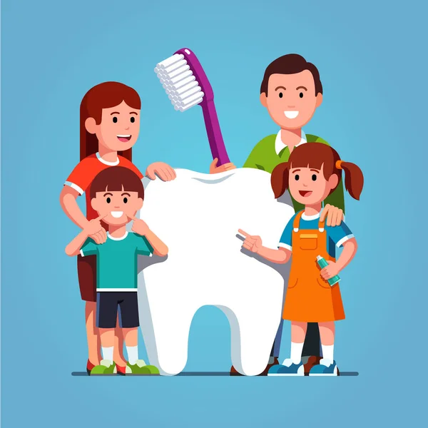 Pais com filhos de pé ao lado de grande dente branco —  Vetores de Stock