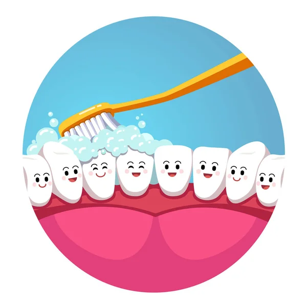 Brosse à dents brossant les dents dans la bouche, vue de l'intérieur — Image vectorielle