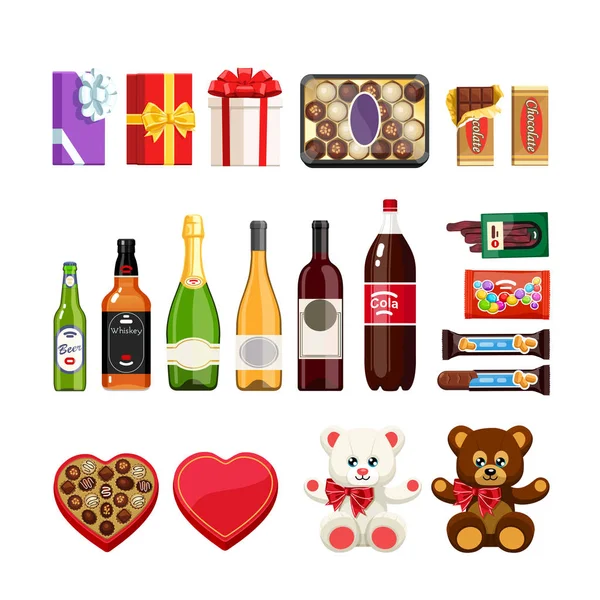 Conjunto de regalos, dulces, bebidas alcohólicas y botellas — Vector de stock