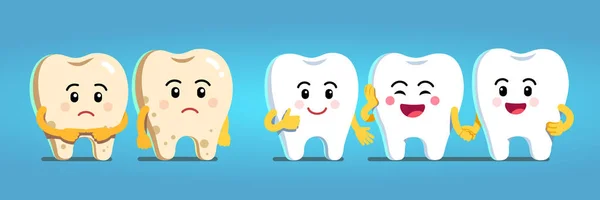 Smiling and upset healthy cartoon teeth characters — Stock Vector