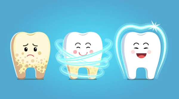 Rozrušený zub charakter s plak dostane léčbu — Stockový vektor