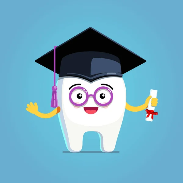Feliz desenho animado dente sabedoria vestindo tampa de graduação —  Vetores de Stock