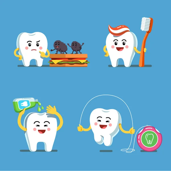 Dentes engraçados de desenhos animados usando escova de dentes. Cuidados dos dentes — Vetor de Stock