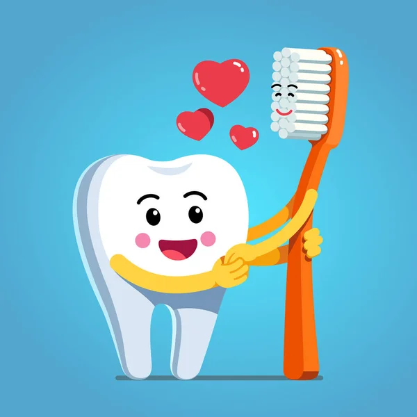 Happy, funny tooth embracing toothbrush with love — Stock Vector