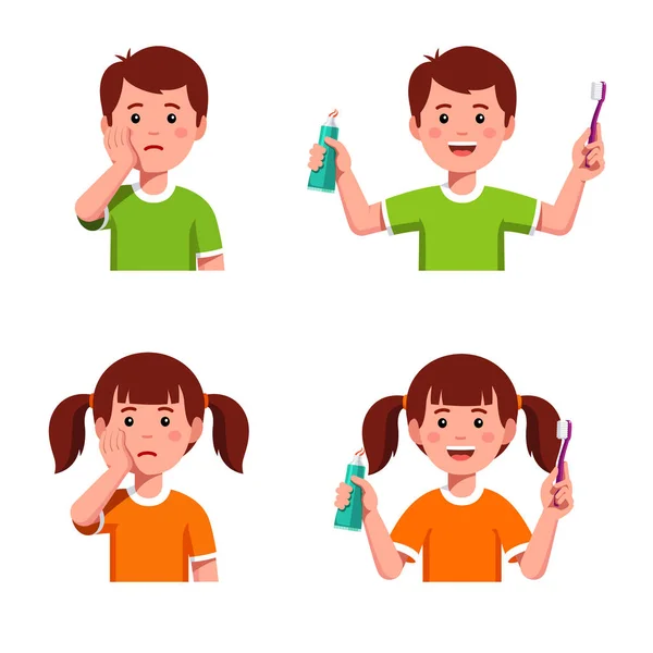 Παιδιά που έχουν πονόδοντο και παιδιά με οδοντόβουρτσα — Διανυσματικό Αρχείο