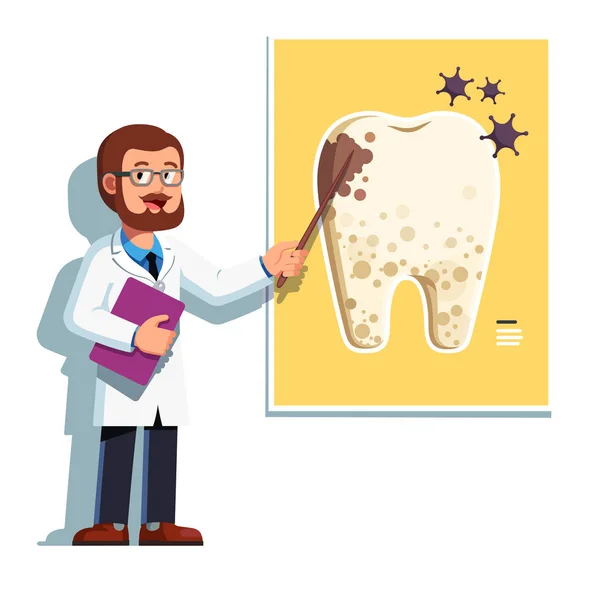 Dentist man showing tooth with caries on poster — Stock Vector