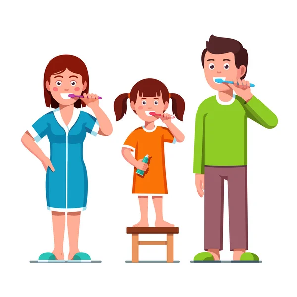 Family parents with kid brushing teeth together — Stock Vector