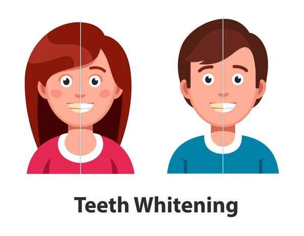 Man and woman before and after teeth whitening — Stock Vector