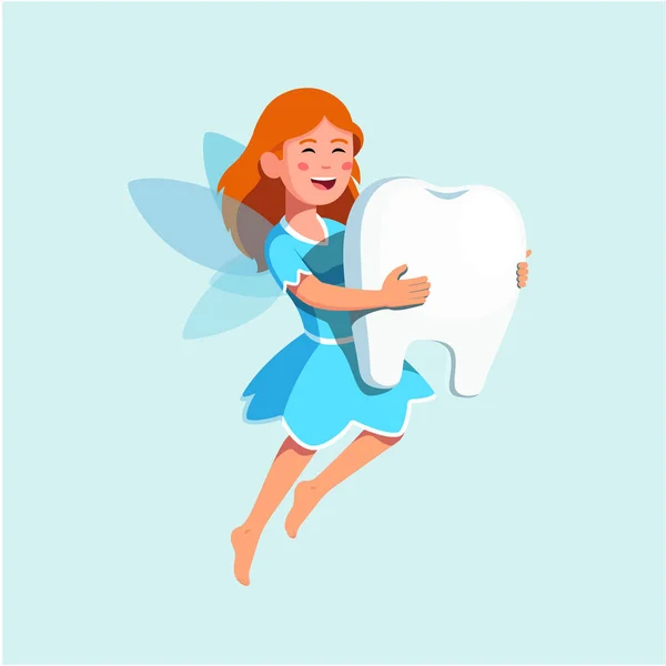 Cheerful tooth fairy girl flying, holding tooth — Stock Vector