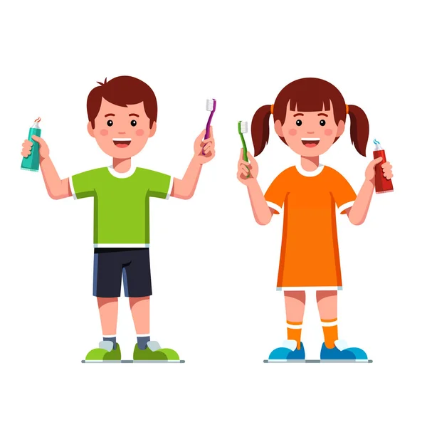 Здоровые мальчики и девочки держат зубные щетки — стоковый вектор