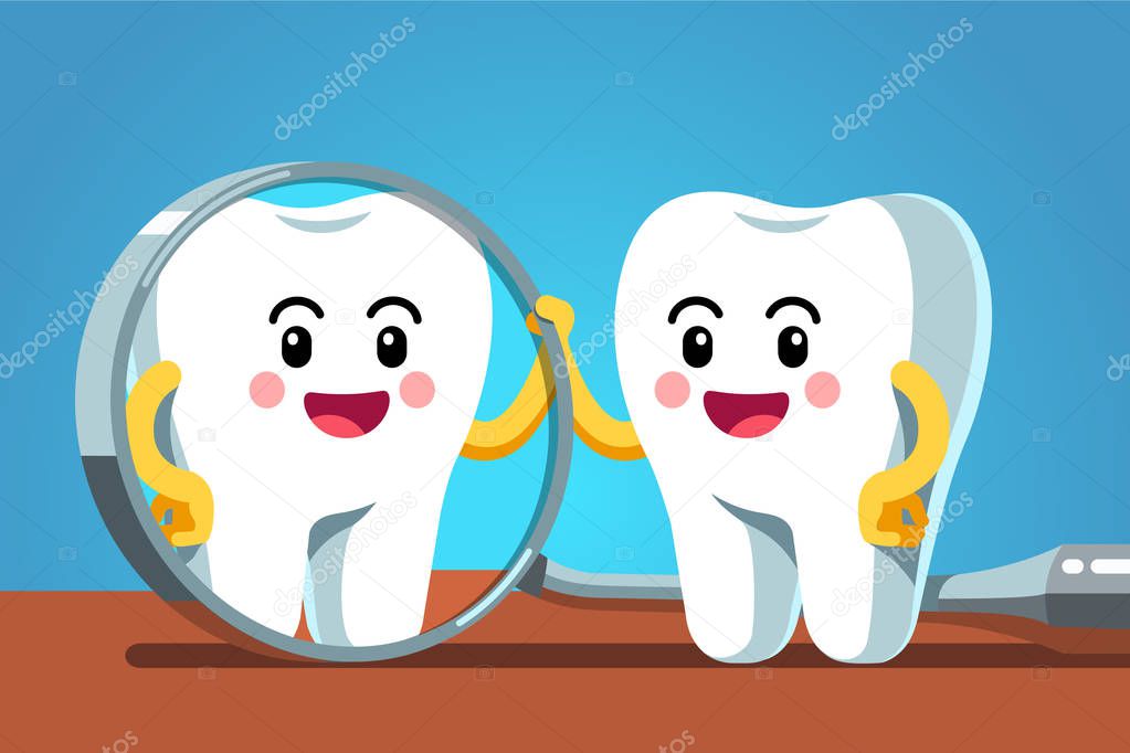 Cartoon tooth character looking in dental mirror