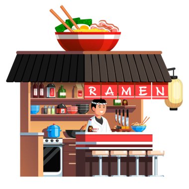 Chashu ramen kasesi dekore edilmiş Asya çorbası restoranı.