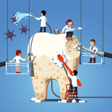 Küçük dişçiler büyük sağlıksız dişleri temizler.