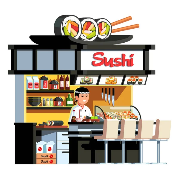 Japonês expresso sushi restaurante, cozinheiro chef asiático —  Vetores de Stock