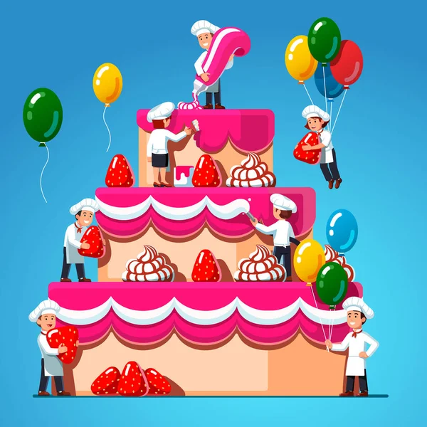 Petits chefs pâtissiers décorant gâteau à la crème — Image vectorielle