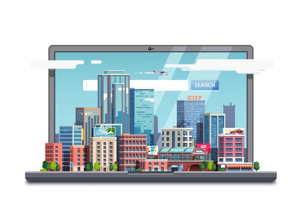 Város belvárosi kijelző laptop képernyőn — Stock Vector