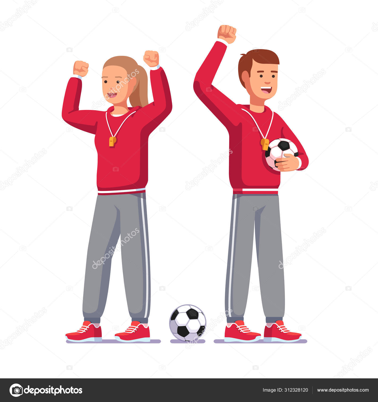 Fußballtrainer heben die Hände und jubeln den Spielern zu Stock-Vektorbild  von ©IconicBestiary 312328120, image size:1600x1700