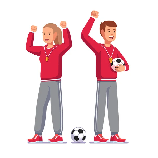 Entrenadores de fútbol levantando manos y animando a los jugadores — Archivo Imágenes Vectoriales