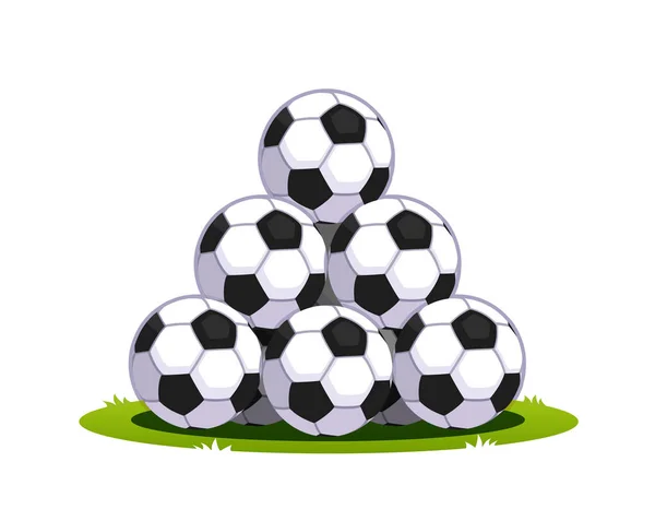 Pyramid pile of soccer footballs on green grass — Stock Vector