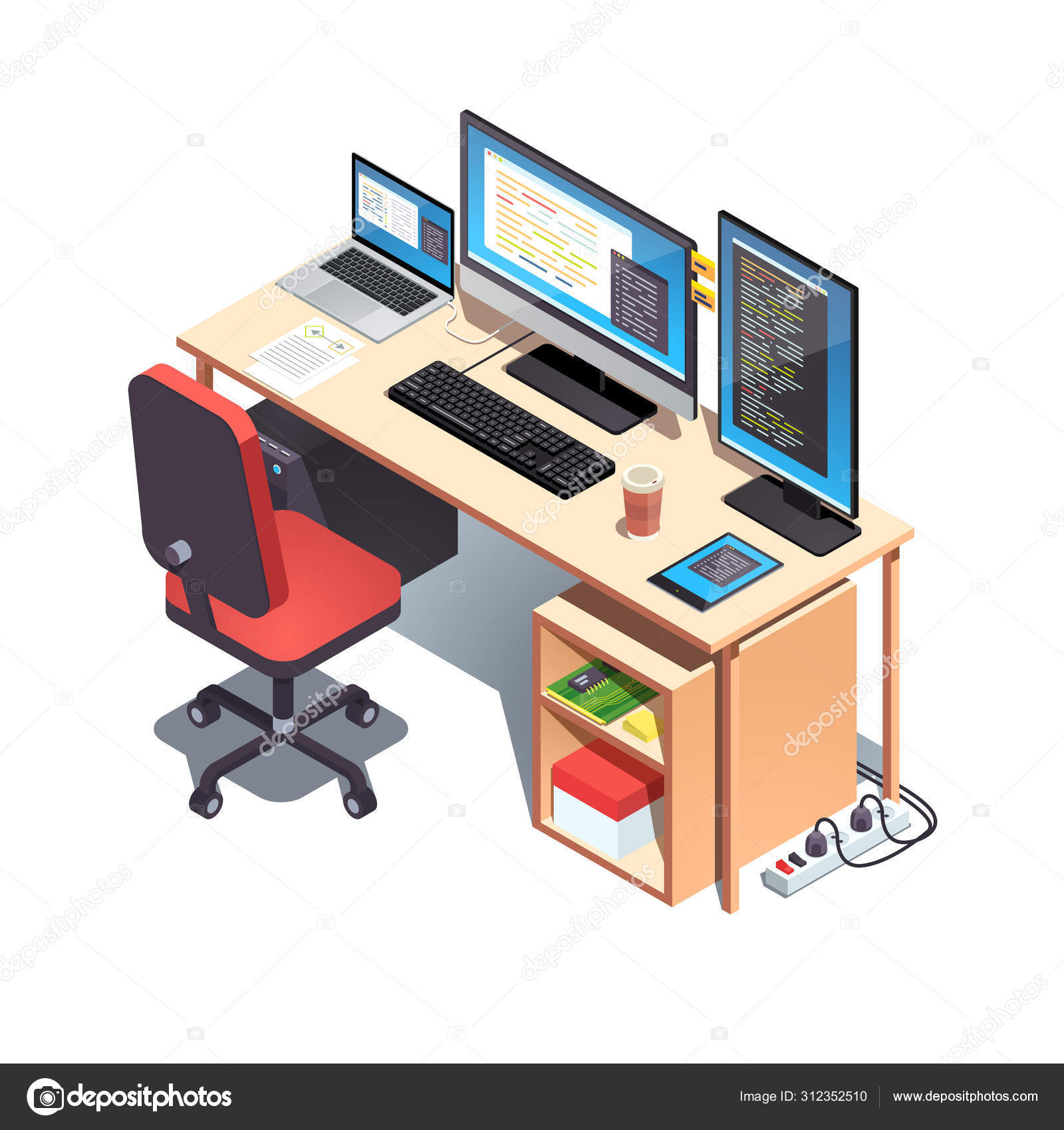 Komputer laptop meja pengaturan pc desktop dengan kursi Vektor