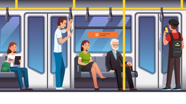 Metroda oturan ve ayakta duran insanlar.