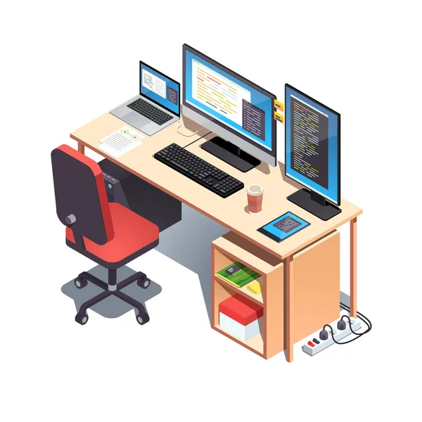 Ordenador portátil, mesa de configuración de PC de escritorio con silla — Archivo Imágenes Vectoriales