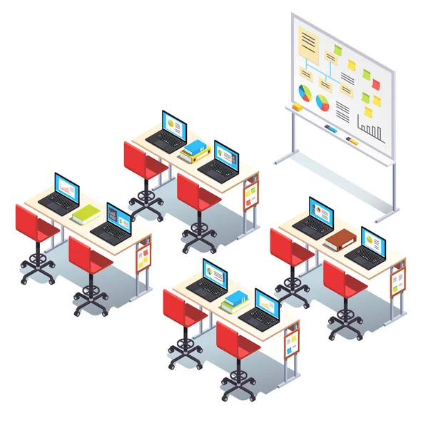Sala de aula de tecnologia moderna com mesas, cadeiras — Vetor de Stock