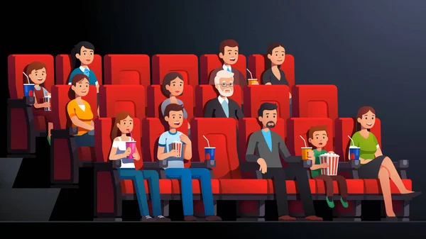 Interior del cine. Gente eati ver película — Vector de stock