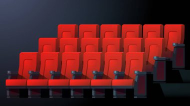 Konforlu kırmızı sandalyeli sinema salonu.