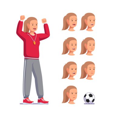 Futbol koçu kadın bağırıyor, yumruğunu sıkıyor.