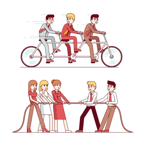 Pessoas de negócios montando em três pessoas tandem bicicleta — Vetor de Stock