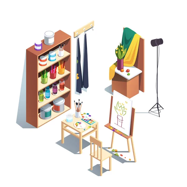 Sala de talleres de pintura moderna con pinturas. — Vector de stock
