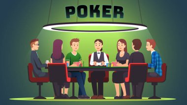 Poker kartları turnuvası akşamı. Altı poker oyuncusu