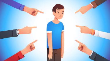 Sad man surrounded by hands pointing him out clipart