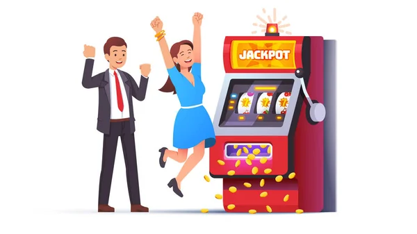 Automat wygrywa jackpot. Szczęśliwy mężczyzna, kobieta para — Wektor stockowy