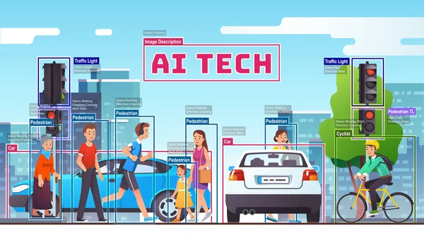 Ciudad cruzando a través de los ojos de AI visión por computadora — Vector de stock